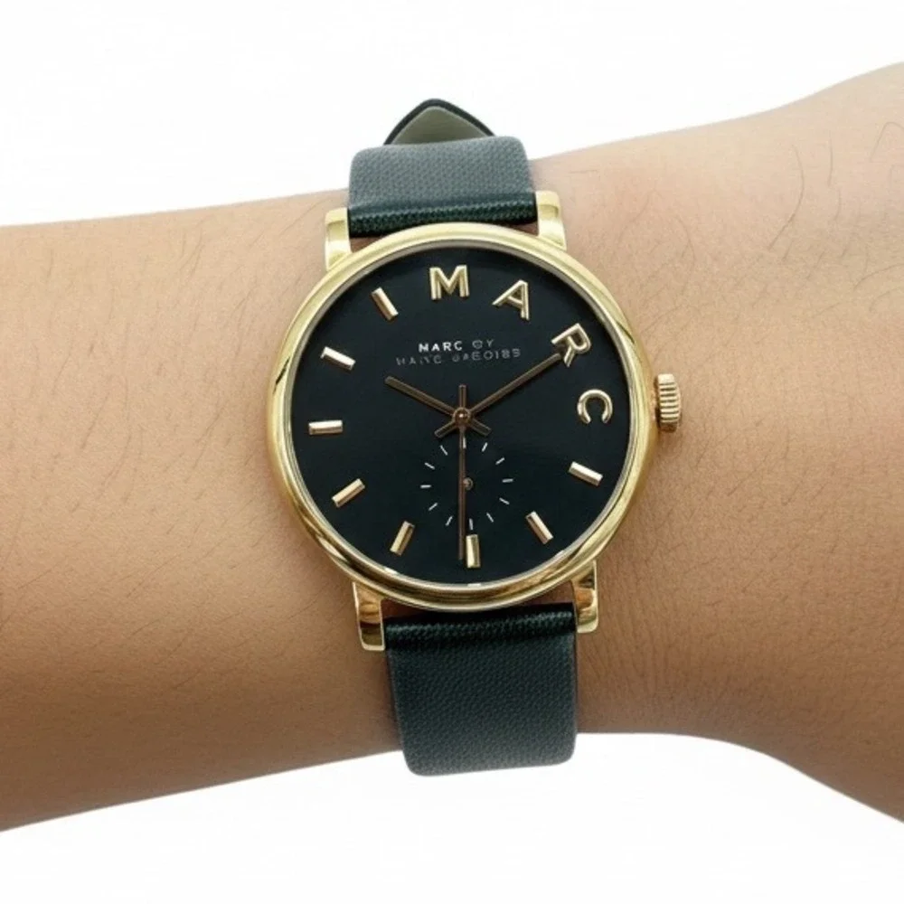 Marc by‎ Marc Jacobs Gold Tone Green Leather Band Watch Black Face
